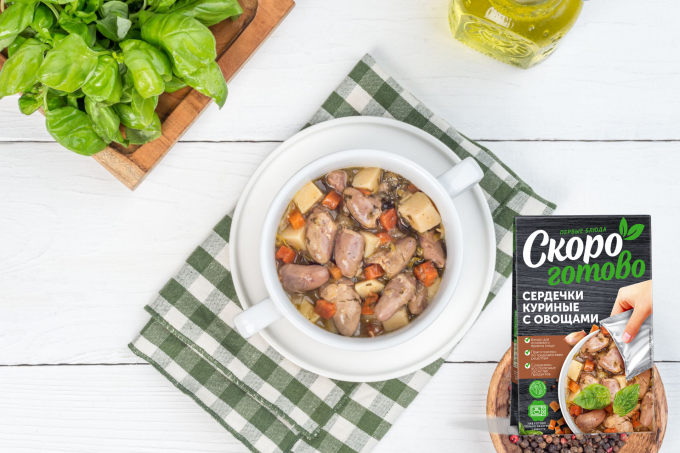 ТМ "Скоро готово" Сердечки куриные с овощами, 250г. ТМ "Скоро готово" Сердечки куриные с овощами, 250г.