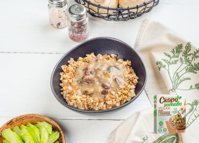 ТМ «Скоро готово» Каша «Семь злаков» с бобовыми в соусе карри, 275 г. Vegan ТМ «Скоро готово» Каша «Семь злаков» с бобовыми в соусе карри, 275 г. Vegan