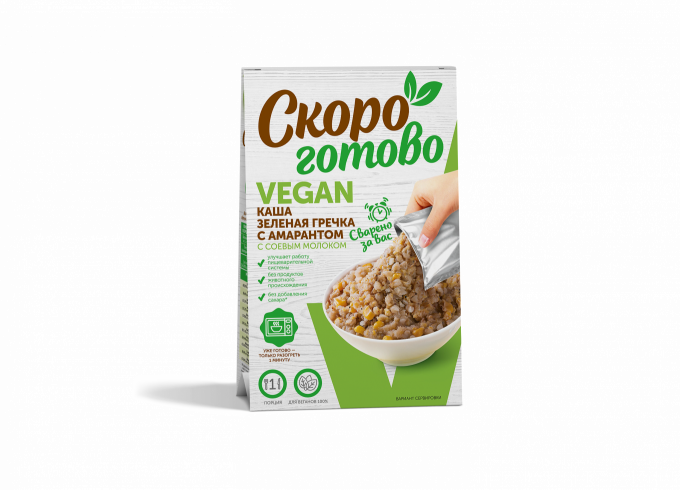 ТМ «Скоро готово» Каша «Зеленая гречка с амарантом» с соевым молоком, 250 г. Vegan